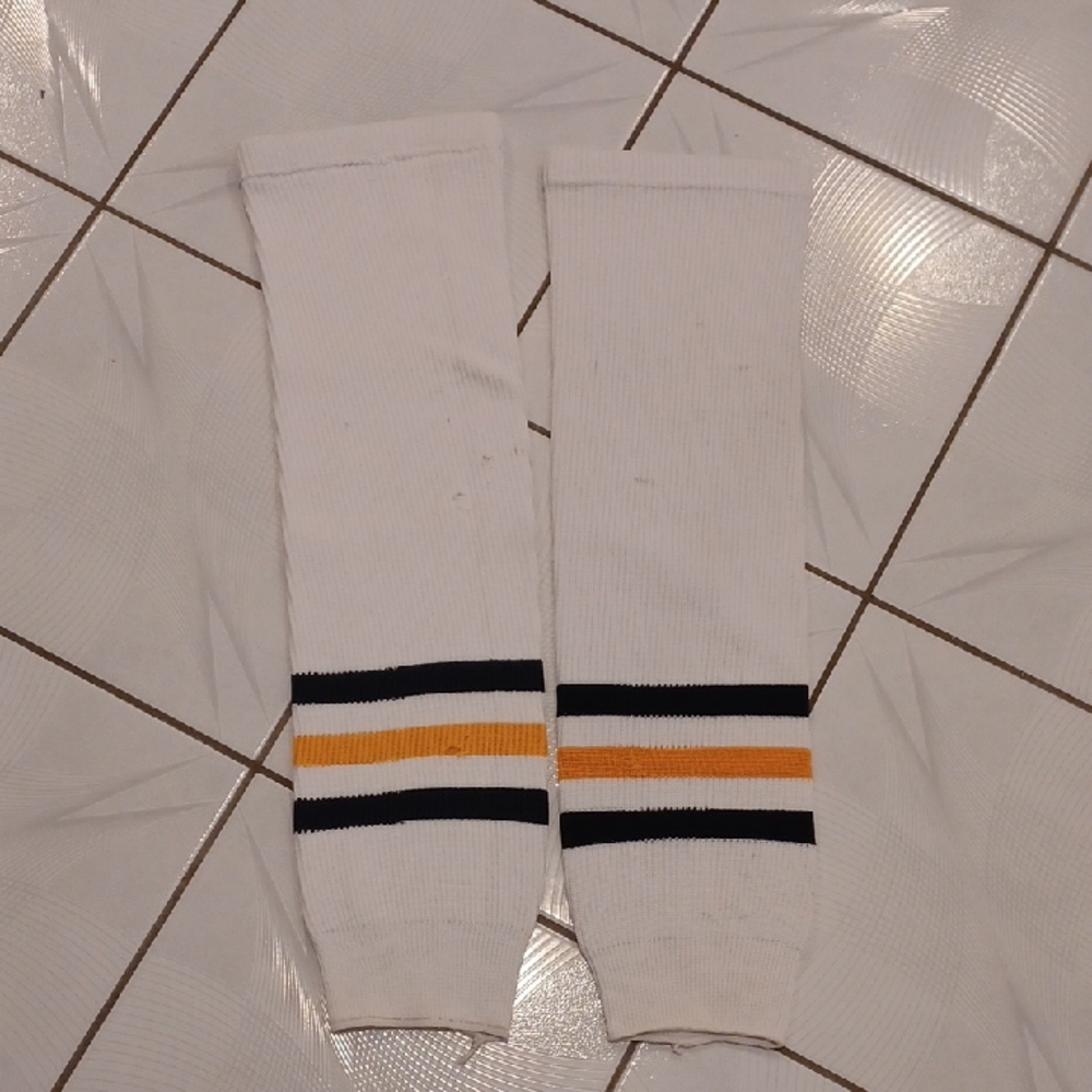 $4 Add-on White Striped Abused Knit Hockey Socks - Adult Size